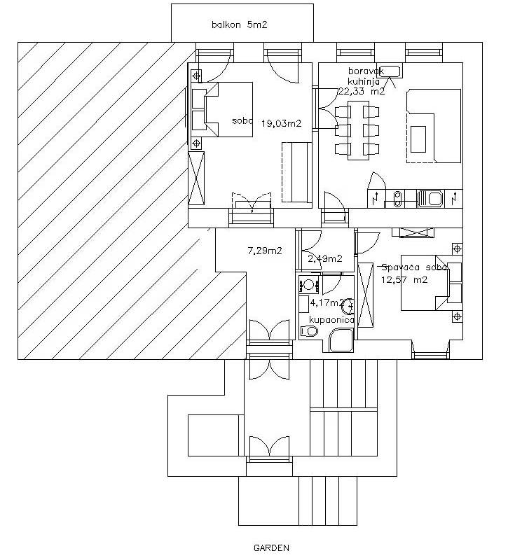 Apartment floor plan — two bedrooms, living room, kitchen, bathroom, southeast balcony